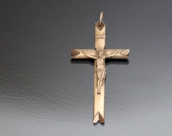 Victorian  Crucifix Cross Pendant. Yellow Gold Plated. Antique Religious Jesus Jewelry