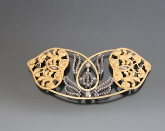 Art Nouveau Cut Steel, Floral Belt Buckle. Yellow Gold Plated, Gablonz, Jablonec Antique.