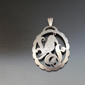 Art Deco Handmade Openwork Bird Egnraved Pendant.  Silver 900. Vintage.