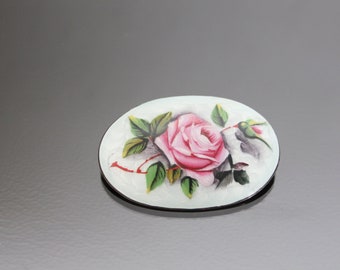 Edwardian Brooch Guilloche Enamel. 900 Silver. Handpainted Roses. Antique Jewelry