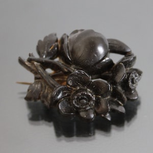 Victorian Gutta Percha Brooch. Apple Blossom, Flower Antique Costume Jewelry. False Bog Oak