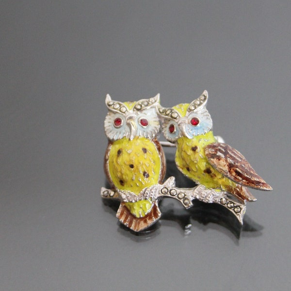 Vintage Enamel Marcasite Brooch. Owl, Owls, 800 Silver Germany in Alice Caviness Style.