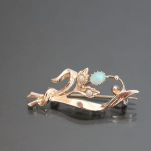 Antique Jugendstil Brooch. Opal, Rose Gold Plate, Seed Pearls.
