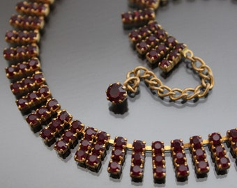 Vintage 60's Bohemian Glass Strass Rhinestone  Necklace. Brass Gablonz Costume Garnet Jewelry.