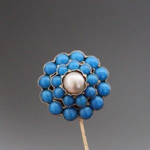 Georgian Faux Turquoise, Pearl, Cluster, Dome Gold Plated Tie Pin