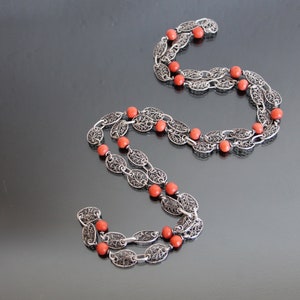 Oriental Filigree, Coral , 800 Silver, Infinity Chain Necklace. Vintage