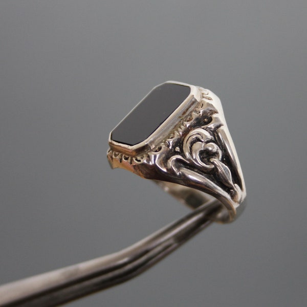 Art Deco Mens Signet Ring. Onyx, Silver 800. Size 7. Antique Fob Ring. Gentlemen's, For Him, Men