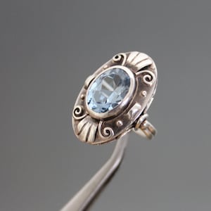 Art Deco 925 Sterling Silver, Synthetic Aquamarine Ring. Vintage Blue Cocktail. Something Old