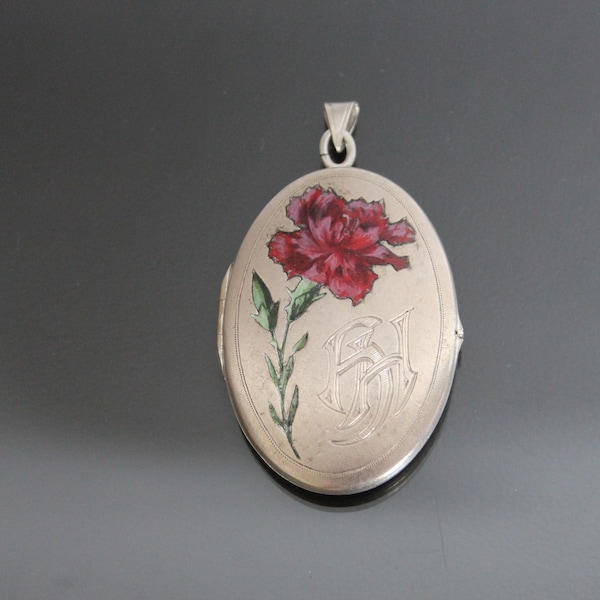 Art Nouveau Enamel Dianthus Flower Locket. Alpacca Antique Pendant. Monogrammed HH