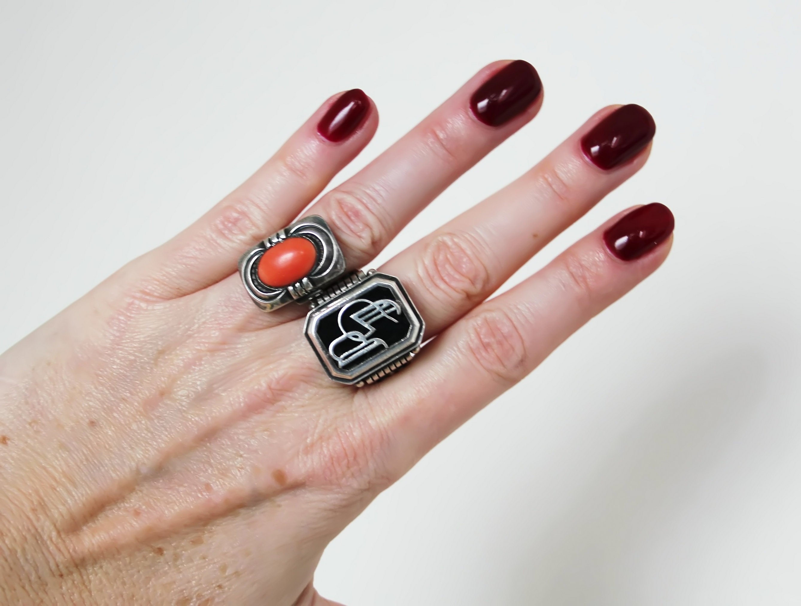 Bague Art Nouveau Jugendstil En Argent 835 Et Corail Rouge - Taille 58, Occasion
