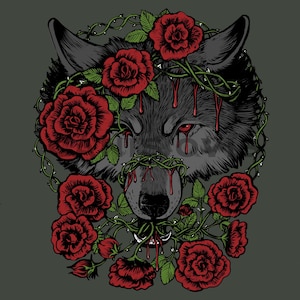 Könnte beinhalten: Ein schwarz-weißer Wolfskopf mit Blut, das aus seinen Augen tropft, umgeben von roten Rosen und Dornen.