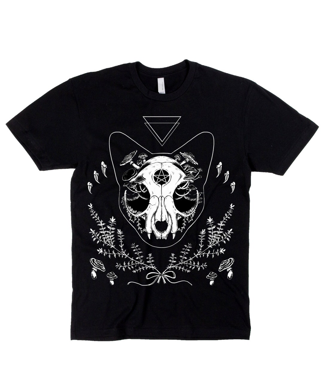 Loam Cat Skull Black White Pagan Mushroom Shirt - Etsy