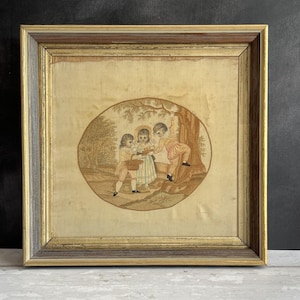 18th Century Silkwork Needlework Children Birds Nest Circa 1800 Modern Frame