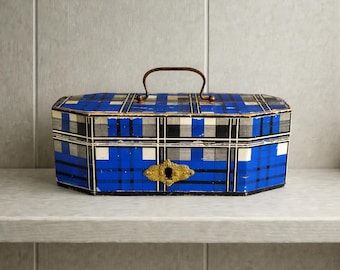 Antique 19th Century Sewing Box Blue Tartan C 1850