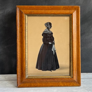 Antique Georgian Silhouette Full Length Portrait Lady Dress Handkerchief English C 1830