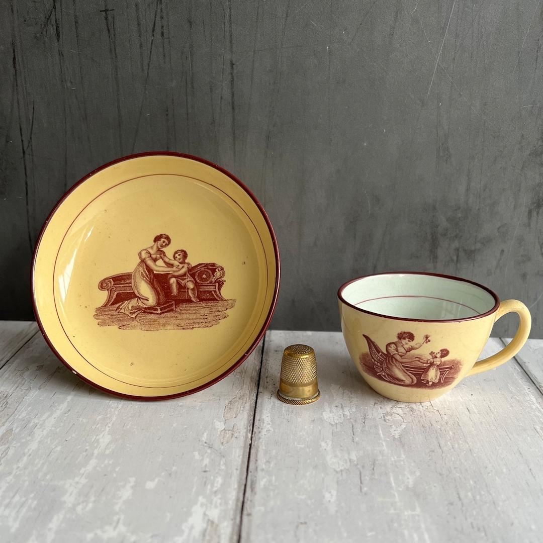 Antique English Regency Era Toy Cup and Saucer, Sepia Bat Printed Adam