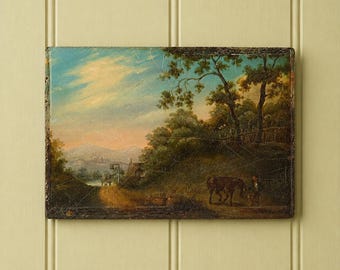 Antique Georgian Miniature Painting Oil On Board Rural Landscape Horses Circa 1800