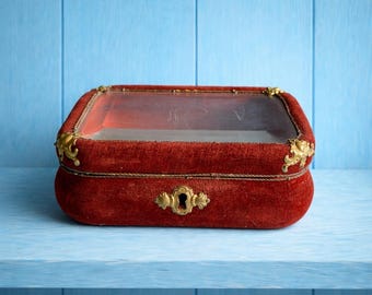 Antique Velvet Jewelry Box Beveled Glass Vitrine Casket Circa 1890