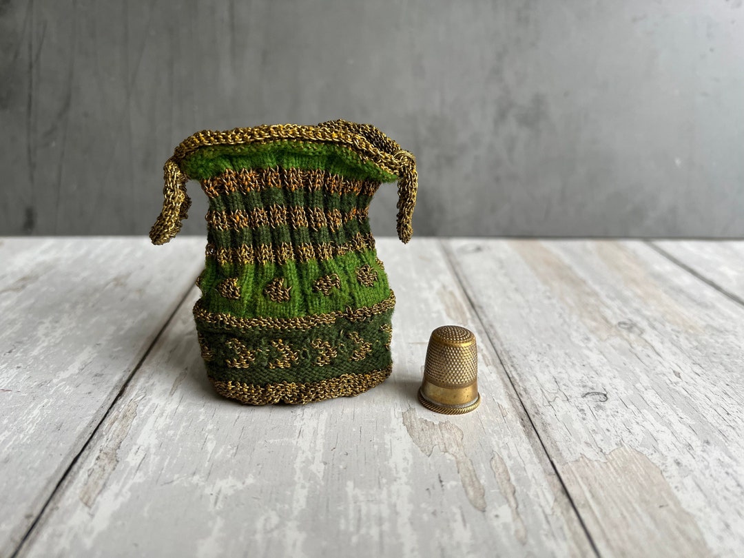 RARE Antique Victorian Pence Jug Purse Knitted Wool Gold Work English
