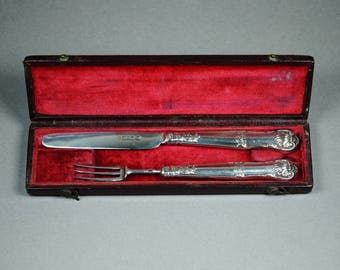 Antique Georgian Silver Christening Set, Boxed Childrens Knife And Fork, Red Leather Case Dated 1831, Baby Shower Gift