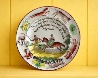 Antique 19th Century Child's Nursery Ware Plate Boy Horse Dog Monkey C 1810