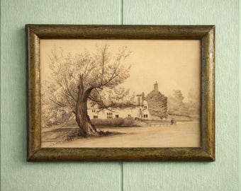 Antique 19th Century Painting Pen and Ink Sepia English Manor House Country Estate