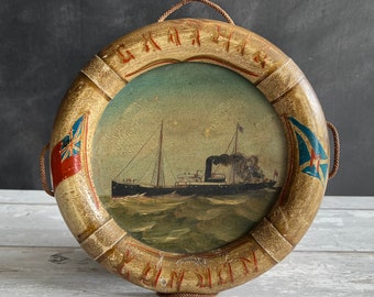 Antique Life Saver Souvenir Ship Painting Oil on Board British Steamer Circa 1918