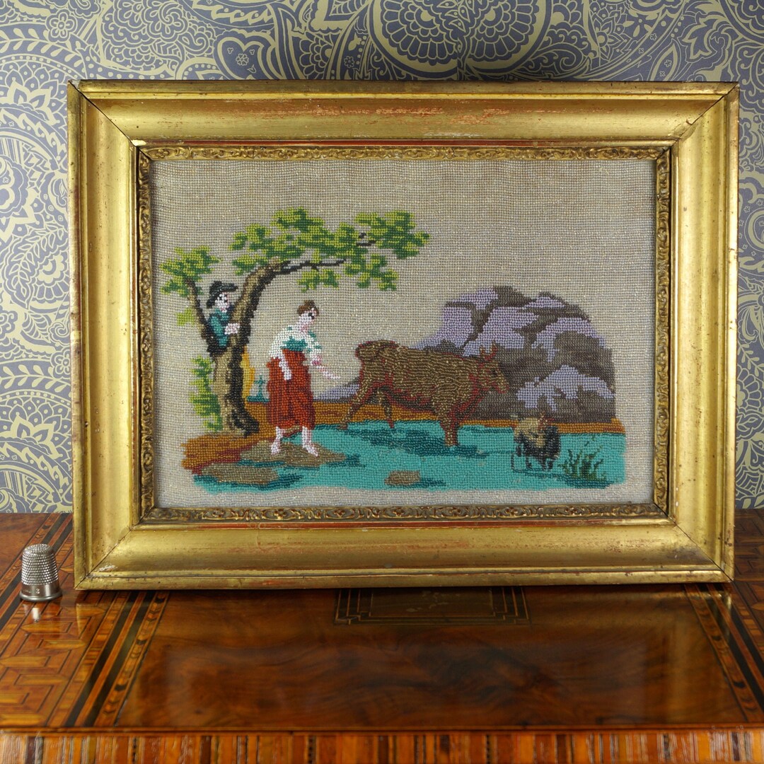Georgian Beadwork Picture French Beaded Sampler, Young Lovers, Rural  Landscape Scene Farmer Cow Sheep Circa 1820 