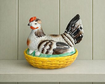 Antique Large Staffordshire Hen On Nest Egg Holder Chickens English C 1890