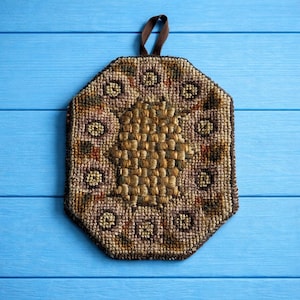 Antique 1850s Folk Art Needlepoint Lamp Mat Wool Pot Holder