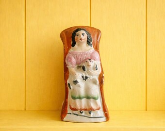 19th Century Miniature Staffordshire Figure Little Girl Seated Dog Puppy TINY C 1860