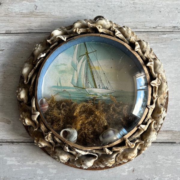 19th Century Sailors Shell Art Diorama Shell Work Porthole Domed Glass, Sailing Yachts C 1900 Wall Plaque Roundel