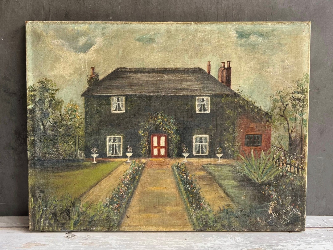 Antique Folk Art Oil on Canvas Painting English Country Etsy