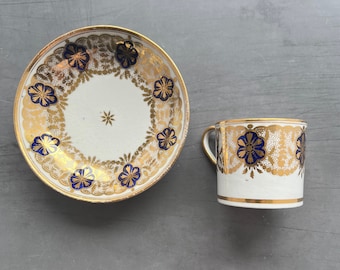 Georgian New Hall Coffee Cup and Saucer, Cobalt Blue, Gold Gilded, C 1805
