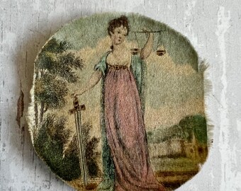 Rare Georgian Pocket Watch Paper, Printed Silk Watch Sampler Lady Justice, Circa 1800