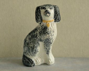 19th Century Staffordshire Dog Figure SMALL Dog Black Spatter Ware Spongeware C 1870