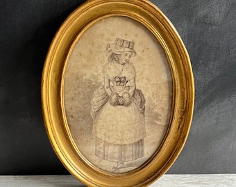18th Century Oval Stipple Engraving January Emblem of Winter, Open Robe, Fur Muff, Silk Shoes C 1780s