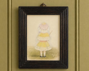 Victorian Portrait Miniature Painting Little Girl with Bonnet and Umbrella Circa 1880