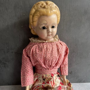 HUGE Original Wax Doll 28&quot; Pumpkin Head, Original Clothes, Rare Molded Hair Bow C 1850 AF