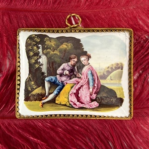 Antique 18th Century Miniature Battersea Bilston Enamel Plaque Picture Circa 1765
