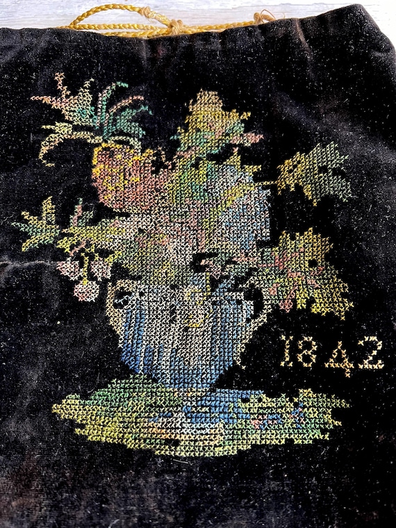 Antique English Reticule Sampler Workbag Dated 1842 - Gem