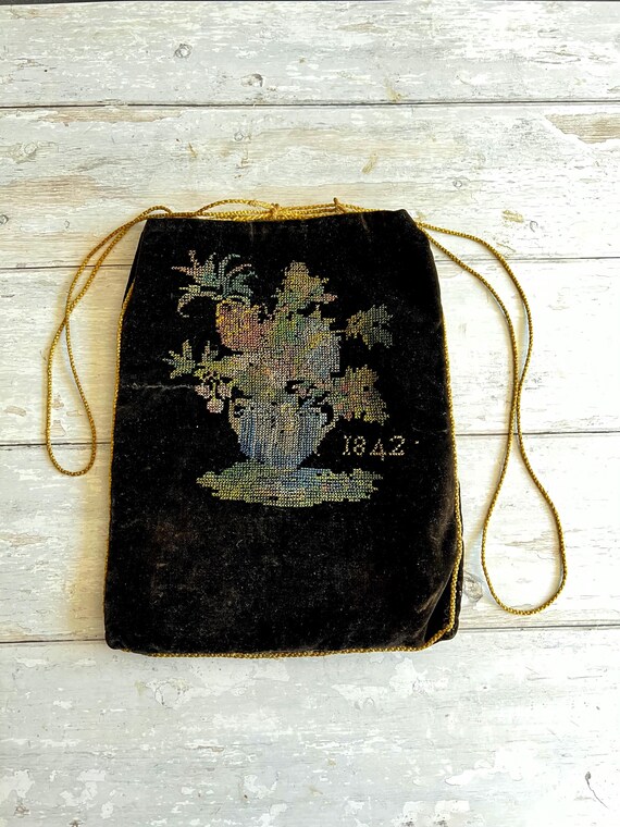 Antique English Reticule Sampler Workbag Dated 1842 - Gem
