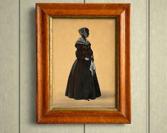 Antique 19th Century Silhouette Full Length Portrait Lady Dress Handkerchief English C 1830