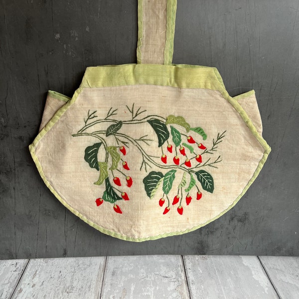 Rare Original 1920s Handbag, Lantern Shape, Chilli Pepper Vegetable Appliqué, Pina Cloth, Art Deco