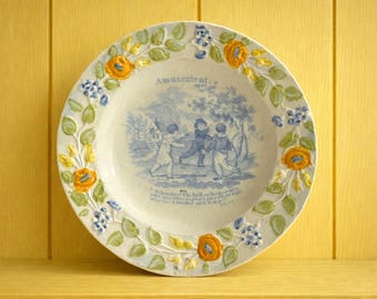 Antique Nursery Ware Plate 1820s English Pearlware Blue & White Children's Scene