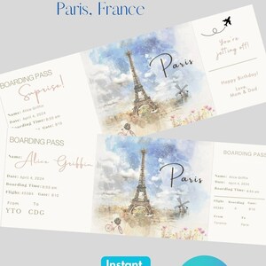 Paris, France Printable and editable surprise or souvenir boarding pass, ticket, trip ticket, vacation ticket, boarding pass template