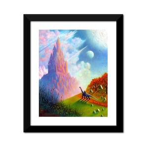 Above the Stars (color) - Fantasy art, castle art, art print, whimsical art, children&#39;s book, gallery, color pencil, happy, dinosaur, wizard