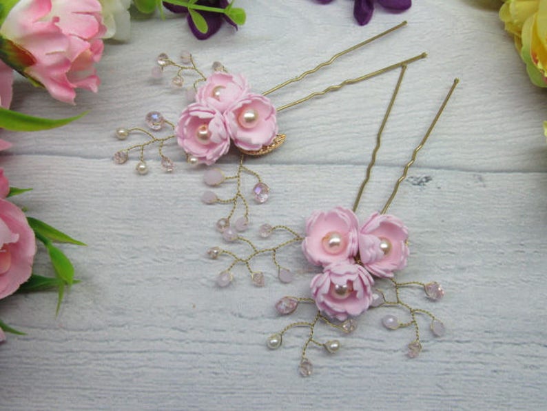 Set-for-wedding Set-for-bridal Set-for-flower girl Wedding hair pins Pink for flower girl Flower hair pins Pink hair pins Bridal pins