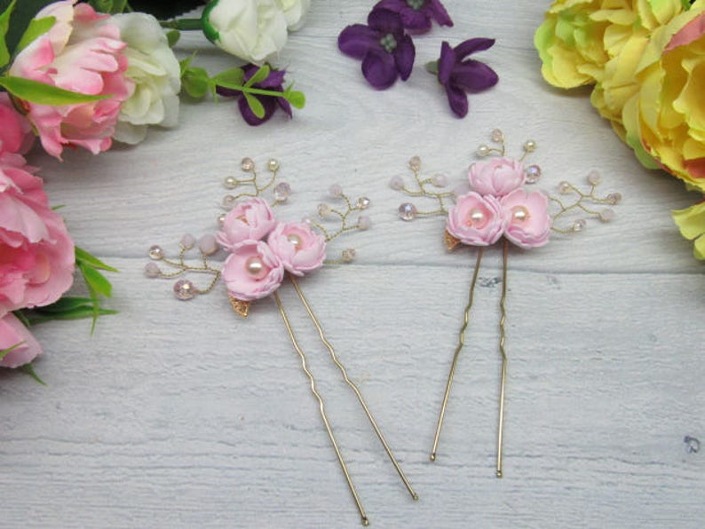 Set-for-wedding Set-for-bridal Set-for-flower girl Wedding hair pins Pink for flower girl Flower hair pins Pink hair pins Bridal pins