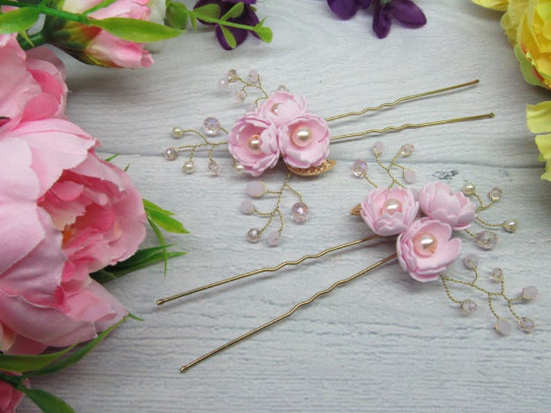 Set-for-wedding Set-for-bridal Set-for-flower girl Wedding hair pins Pink for flower girl Flower hair pins Pink hair pins Bridal pins